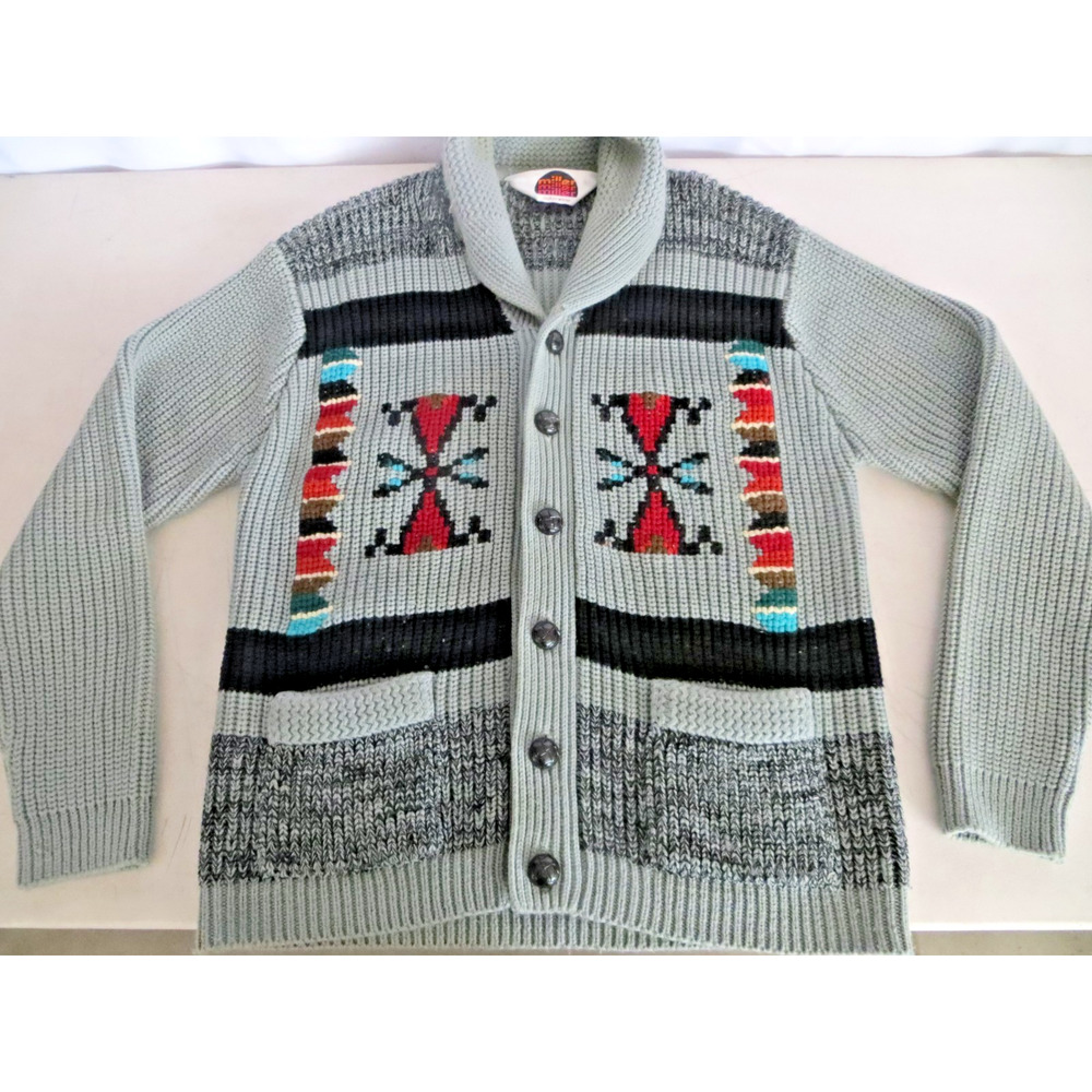 Vtg Miller Outerwear Western Aztec Knit Cardigan Gray Black LARGE Heavy